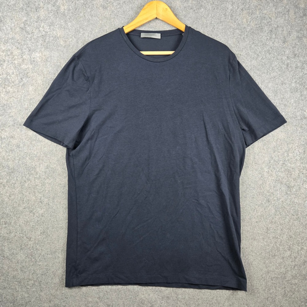Corneliani T-Shirt Mens 54 Navy Blue Short Sleeve Cotton Stretch Crest Logo Tee